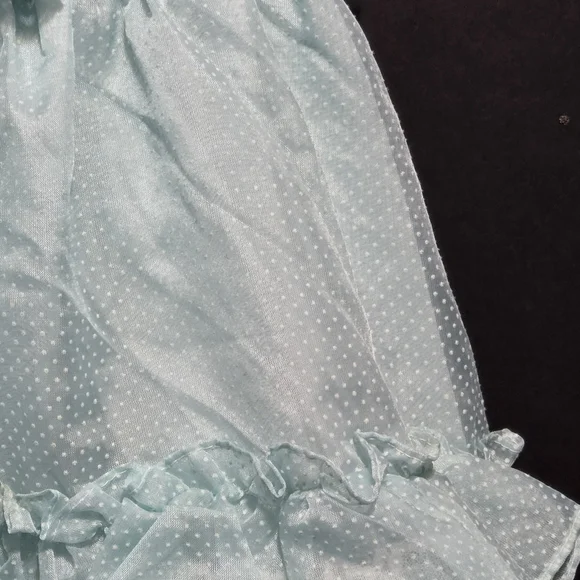 Vtg Mini World Baby Girl Dress Suiss Dot Sheer Ruffle Lace Lt Blue USA